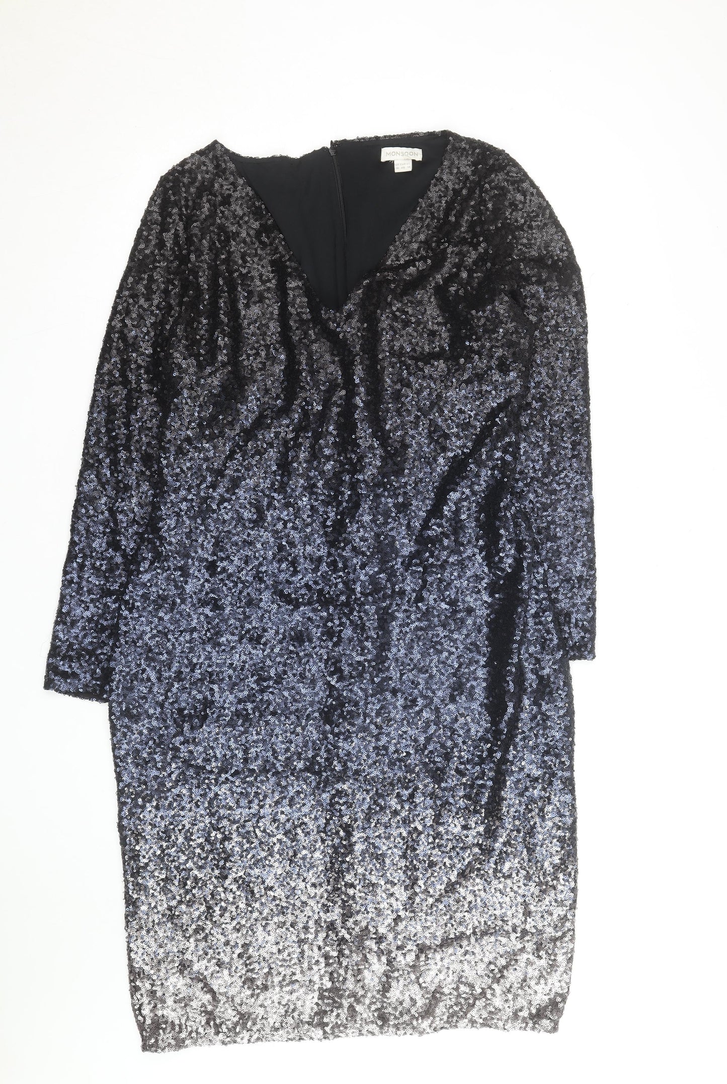 Monsoon Women’s Black Sequin Bodycon Dress Size 18 Long Sleeve V-Neck