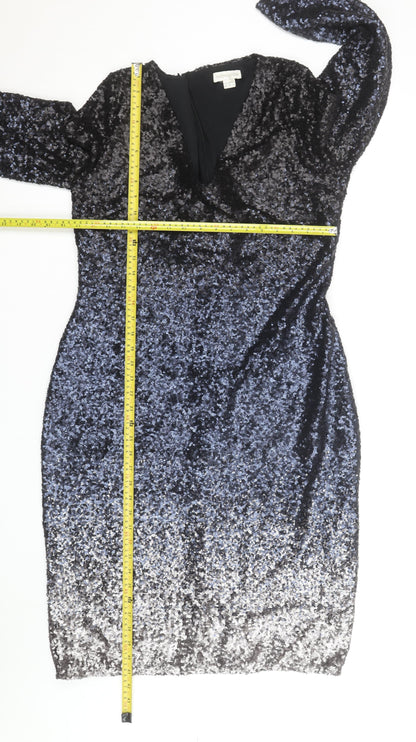 Monsoon Women’s Black Sequin Bodycon Dress Size 18 Long Sleeve V-Neck