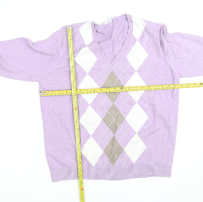 Marco Pecci Men’s Purple Argyle V-Neck Cotton Jumper M