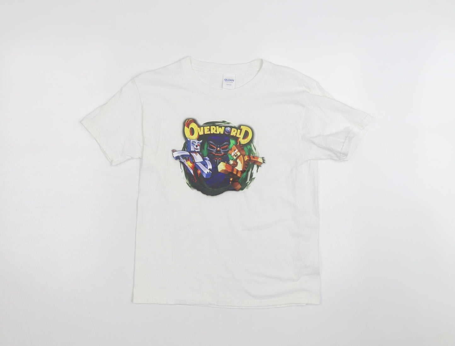 Gildan Men's White Overworld Graphic Print Cotton T-Shirt M
