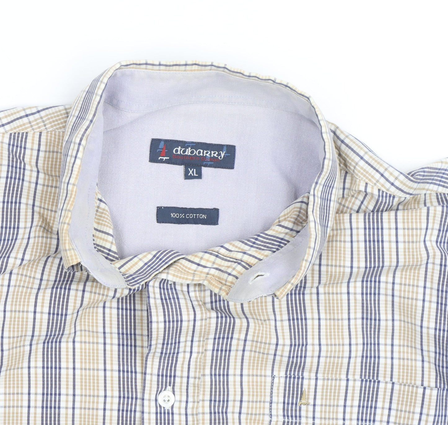 Dubarry Men's Beige Blue Check Button-Up Shirt XL Cotton Casual