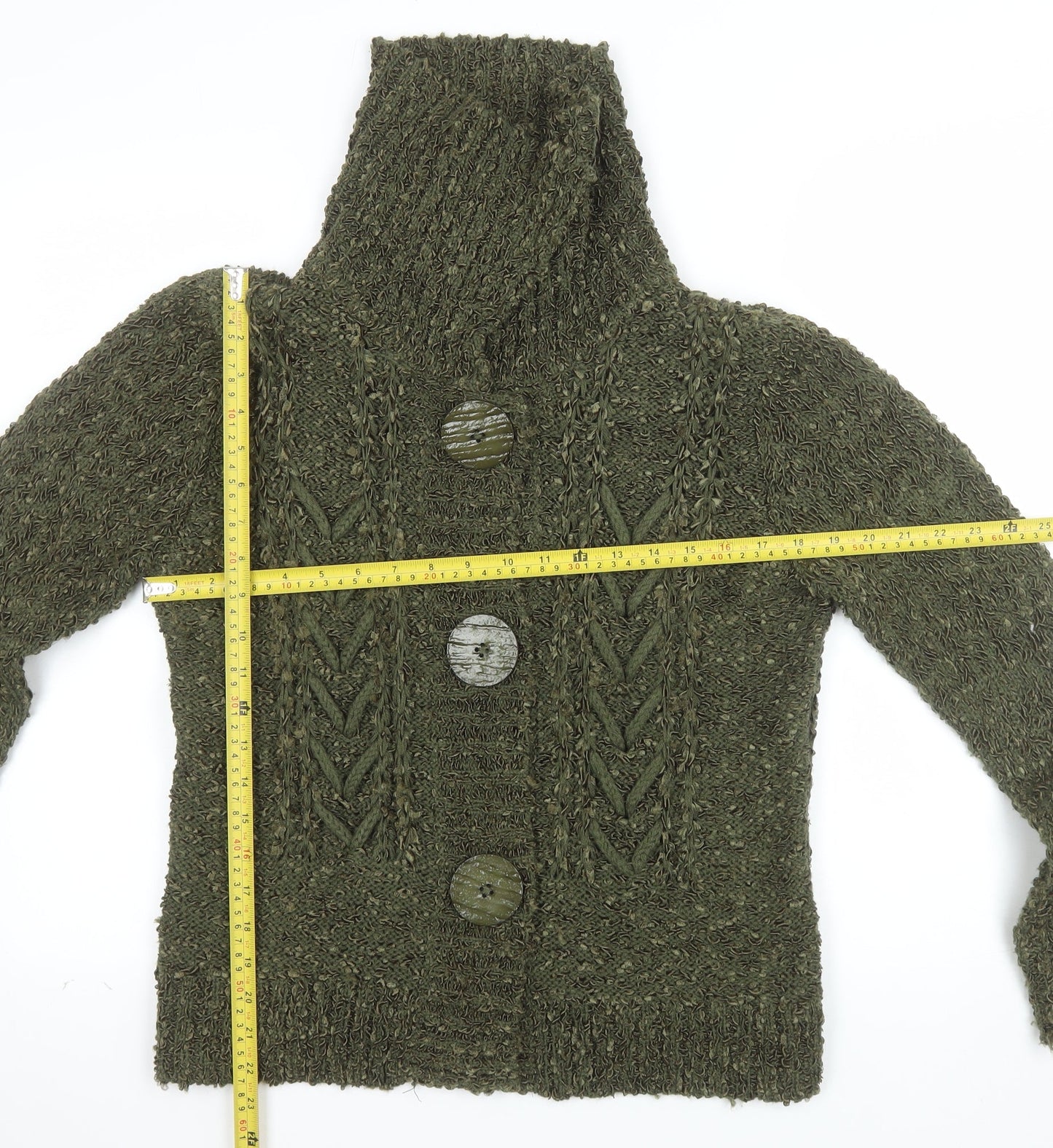 Alexara Womens Green Chunky Knit Cowl Neck Button Cardigan L