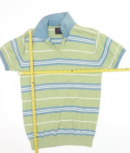 JM Sport Men's Green Striped Cotton Classic Polo Shirt M