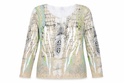 Sportalm Women’s Beige Animal Print Beaded Long Sleeve Jersey Top Size 14