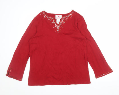 Quacker Factory Women Red Sequin Long Sleeve Cotton Tunic M