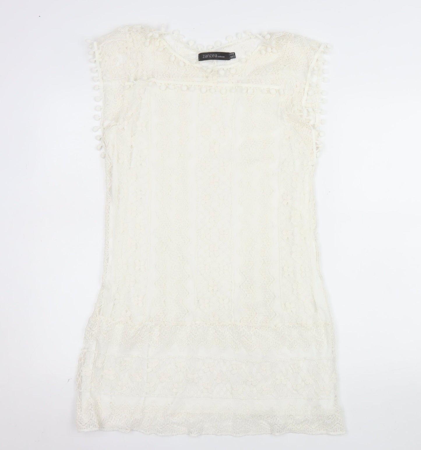 Zanzea Women's Ivory Lace Shift Dress Size 16 Bohemian Pom Pom Trim