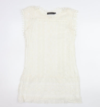 Zanzea Women's Ivory Lace Shift Dress Size 16 Bohemian Pom Pom Trim
