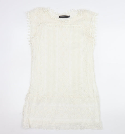 Zanzea Women's Ivory Lace Shift Dress Size 16 Bohemian Pom Pom Trim