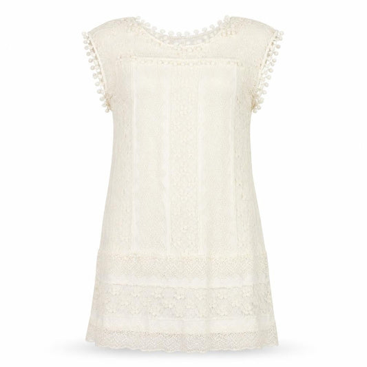 Zanzea Women's Ivory Lace Shift Dress Size 16 Bohemian Pom Pom Trim