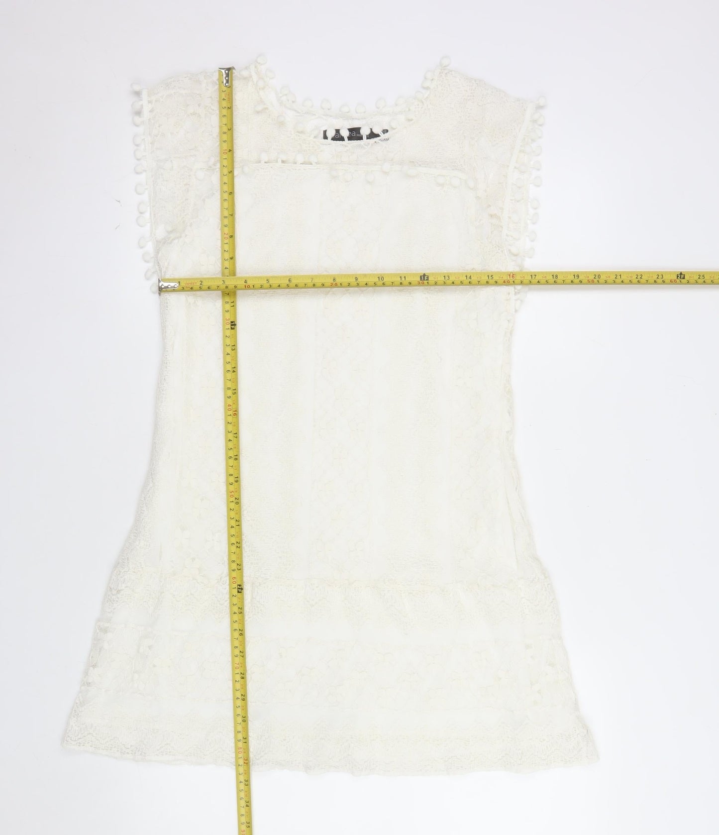 Zanzea Women's Ivory Lace Shift Dress Size 16 Bohemian Pom Pom Trim
