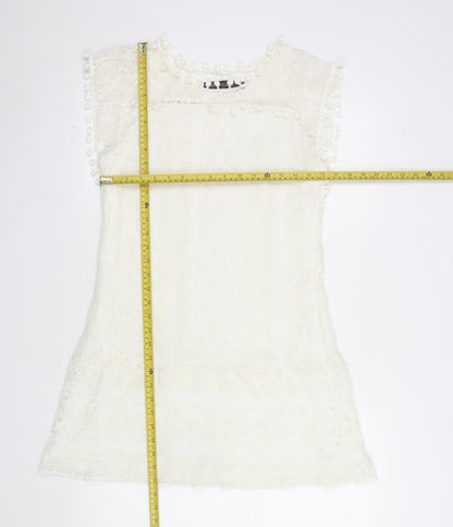 Zanzea Women's Ivory Lace Shift Dress Size 16 Bohemian Pom Pom Trim