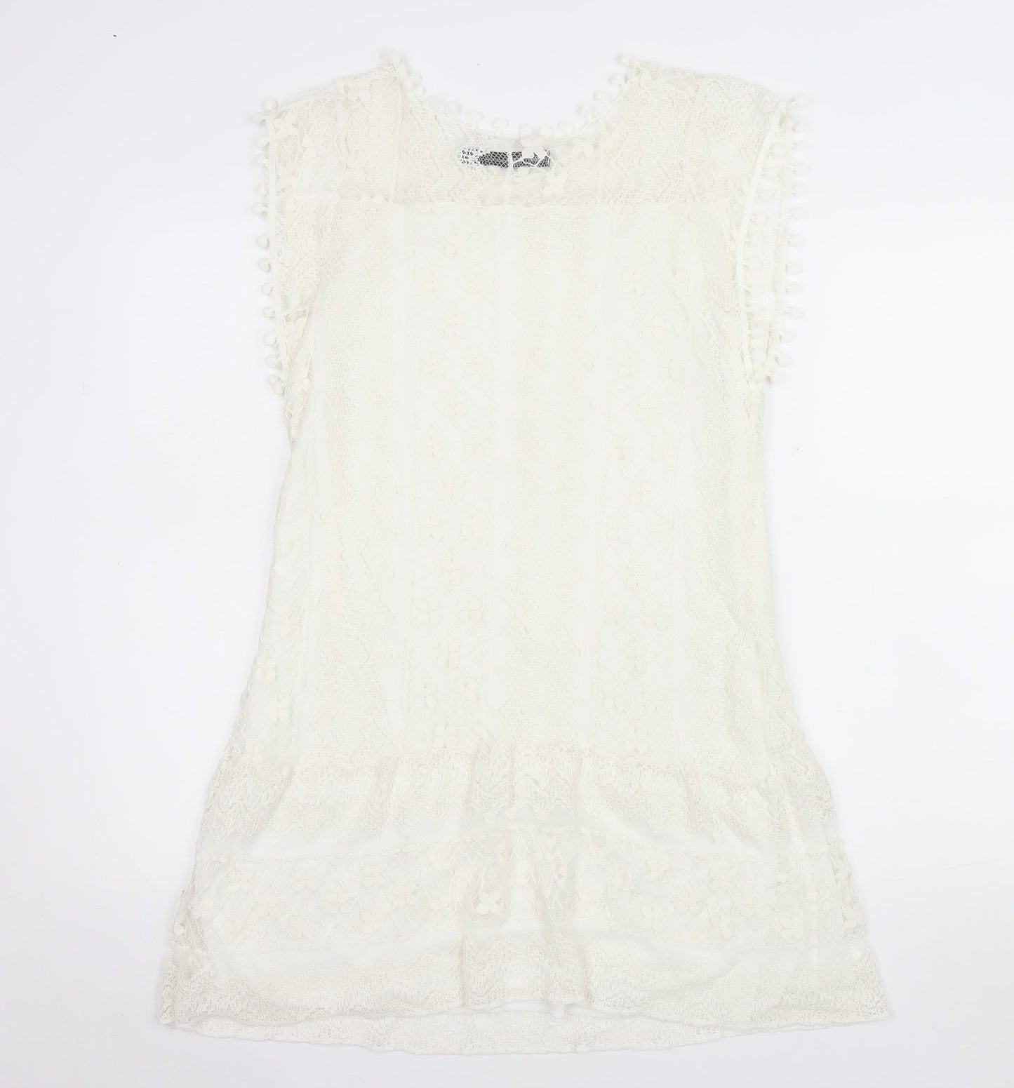 Zanzea Women's Ivory Lace Shift Dress Size 16 Bohemian Pom Pom Trim