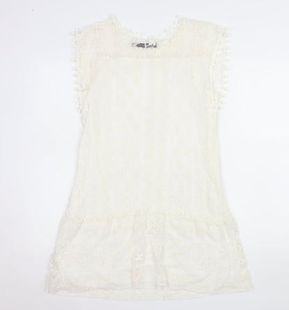 Zanzea Women's Ivory Lace Shift Dress Size 16 Bohemian Pom Pom Trim