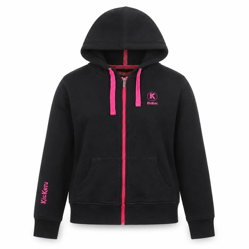 Front view of Kickers Teen girls’ black pink full zip hoodie, size 14, cotton