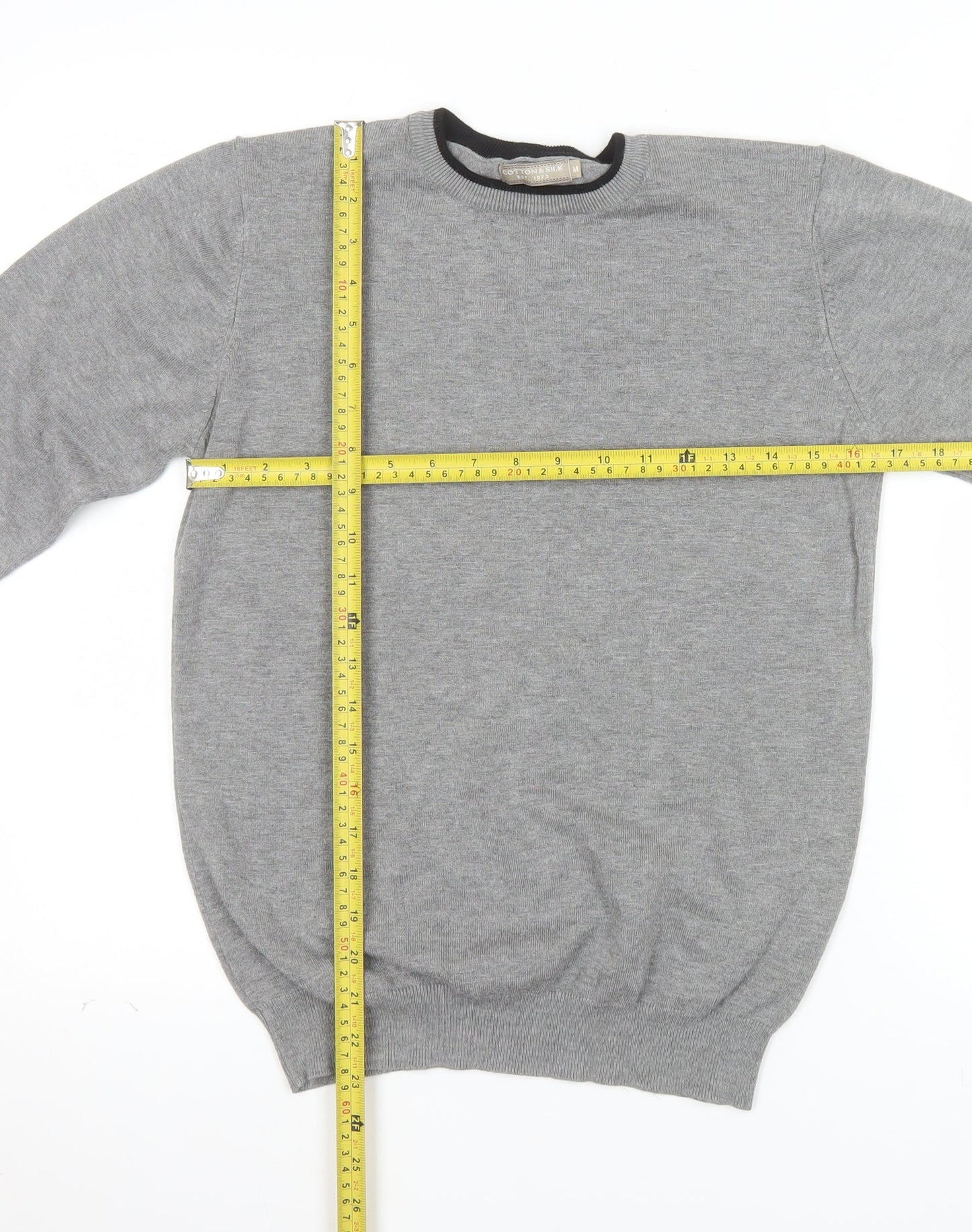 Cotton & Silk Men's Grey Crew Neck Pullover Jumper M
