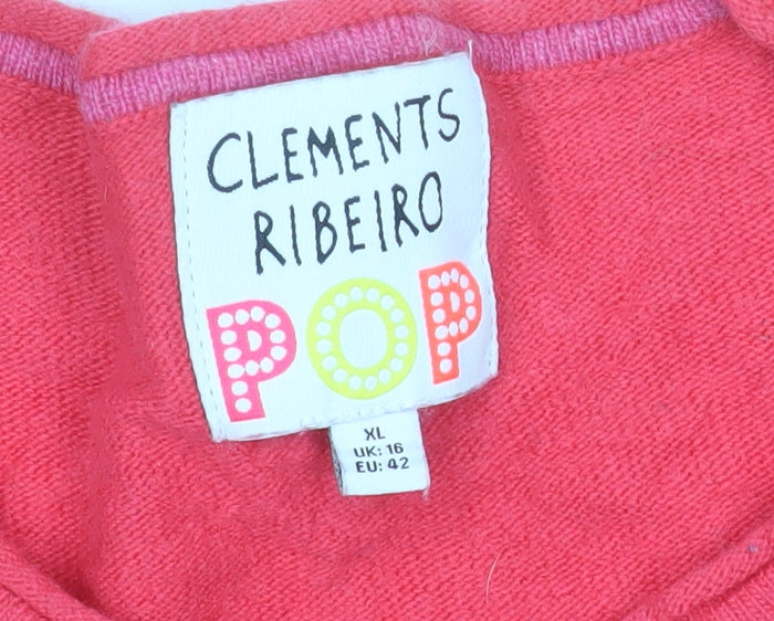 Clements Ribeiro Women Pink Star Pullover Jumper Size 16 Cotton Wool Blend