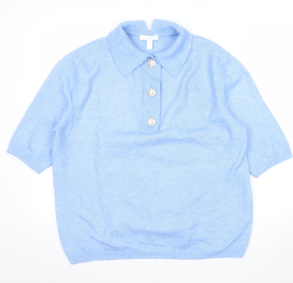 H&M Women Blue Collared Pullover Jumper S Beaded Buttons Soft Knit
