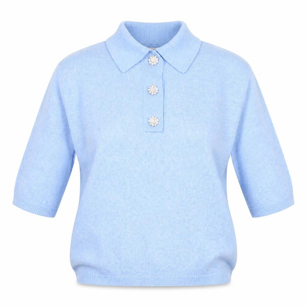 H&M Women Blue Collared Pullover Jumper S Beaded Buttons Soft Knit
