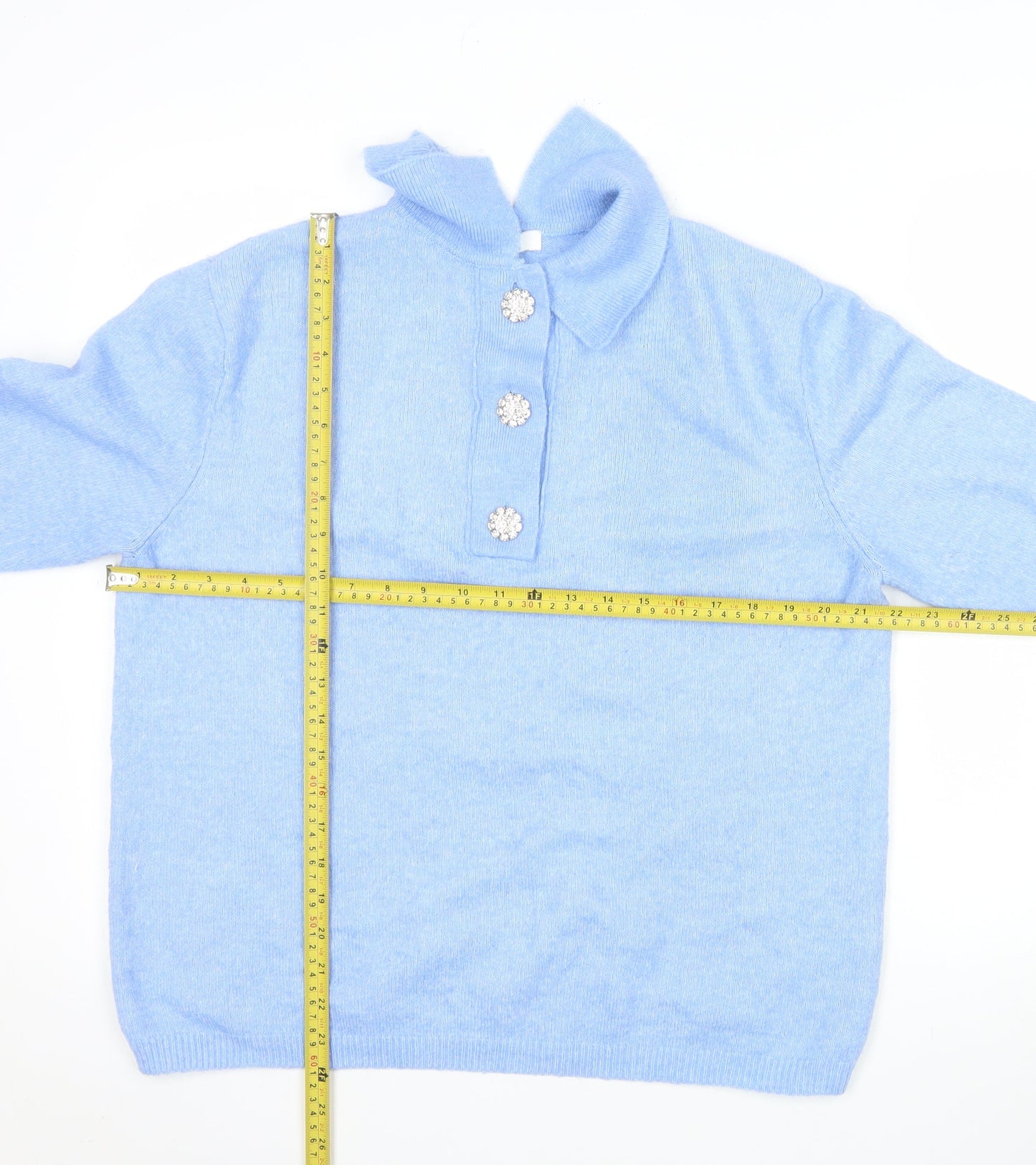 H&M Women Blue Collared Pullover Jumper S Beaded Buttons Soft Knit