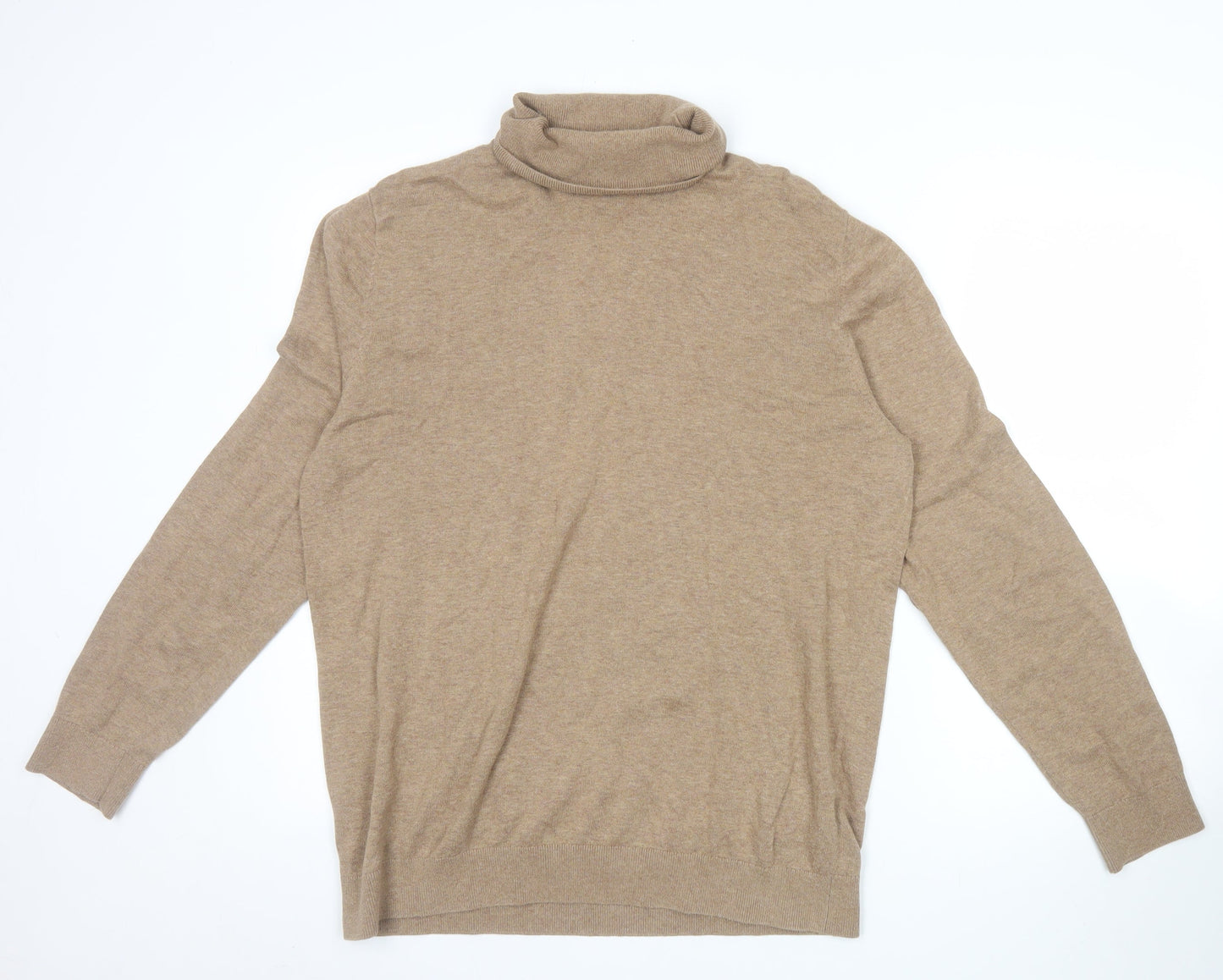 H&M Men’s Beige Slim Fit Roll Neck Jumper Size L Cotton Cashmere