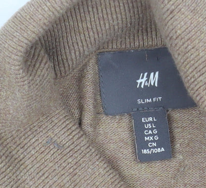 H&M Men’s Beige Slim Fit Roll Neck Jumper Size L Cotton Cashmere