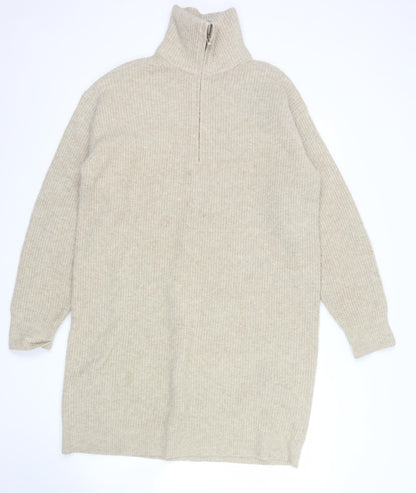 Uniqlo Women Beige Wool Blend 1/4 Zip Knit Jumper Size M