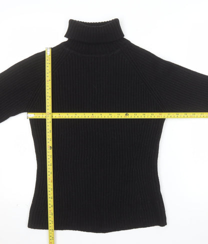 Oasis Women Black Wool Blend Roll Neck Jumper UK 12 Long Sleeve Rib Knit