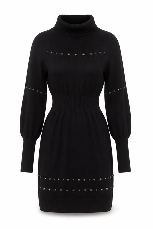Front view of b.young Women's Black Knit Bodycon Roll Neck Dress, size M