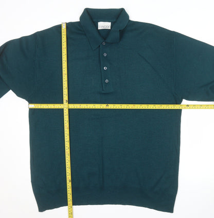 Pierre Sangan Men's Green Wool Blend Collared Henley Jumper L