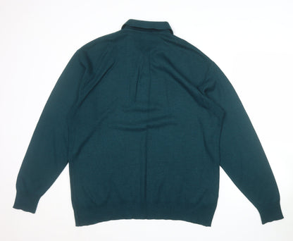 Pierre Sangan Men's Green Wool Blend Collared Henley Jumper L
