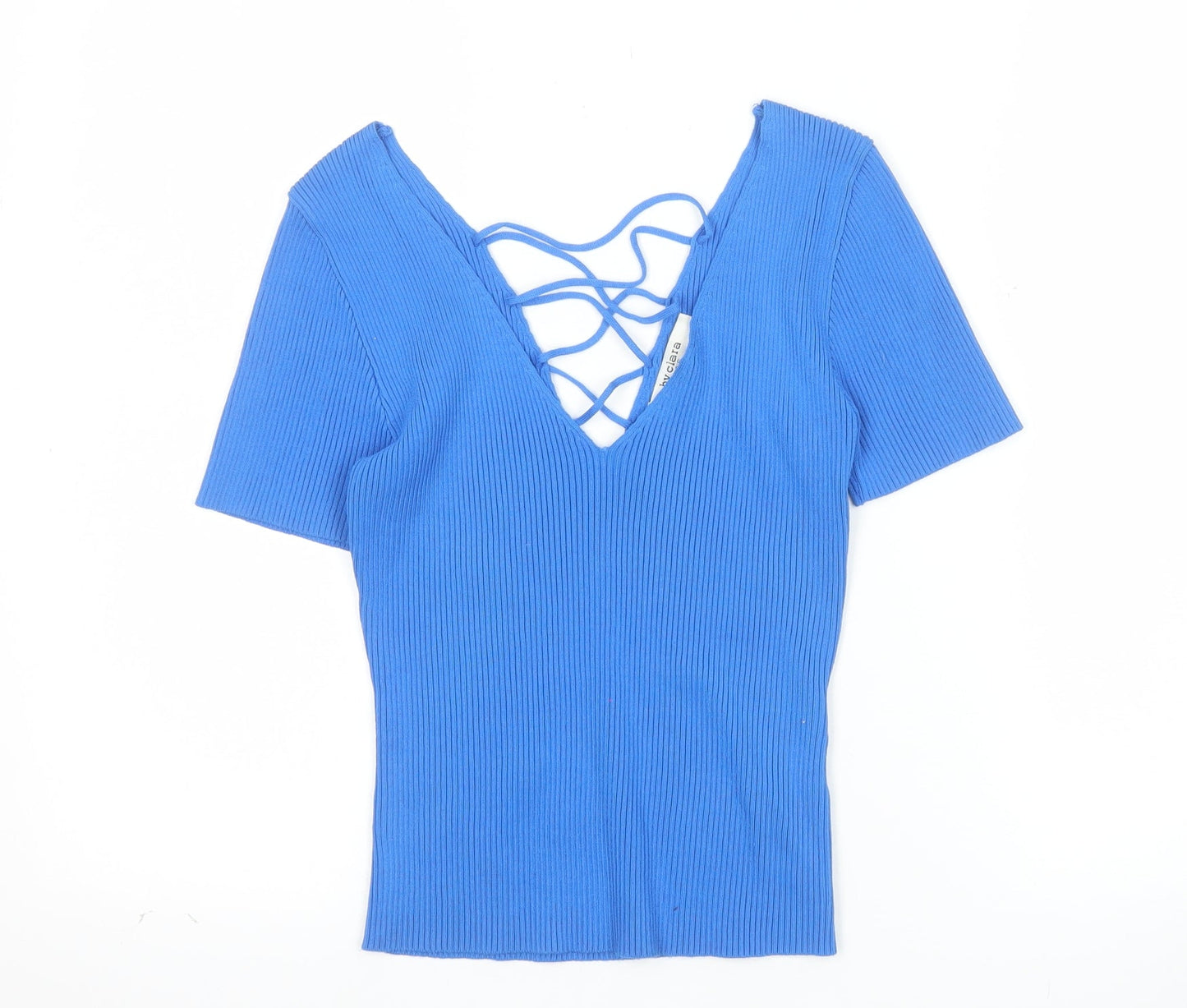 By Clara Paris Women’s Blue Cropped Ribbed Short Sleeve V-Neck Top M