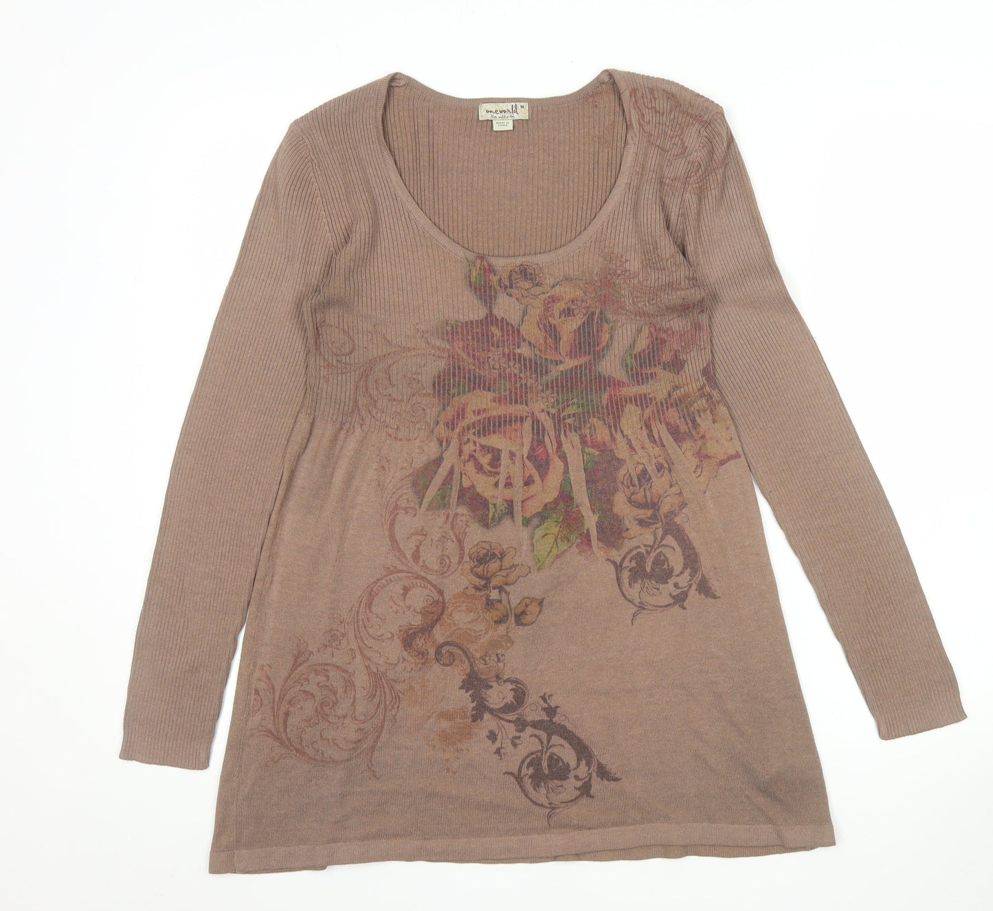 One World Womens Brown Floral Tunic Jumper Size M Scoop Neck Knit