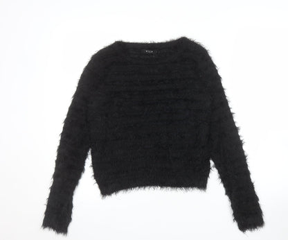 Vila Womens Black Fuzzy Knit Pullover Jumper XS