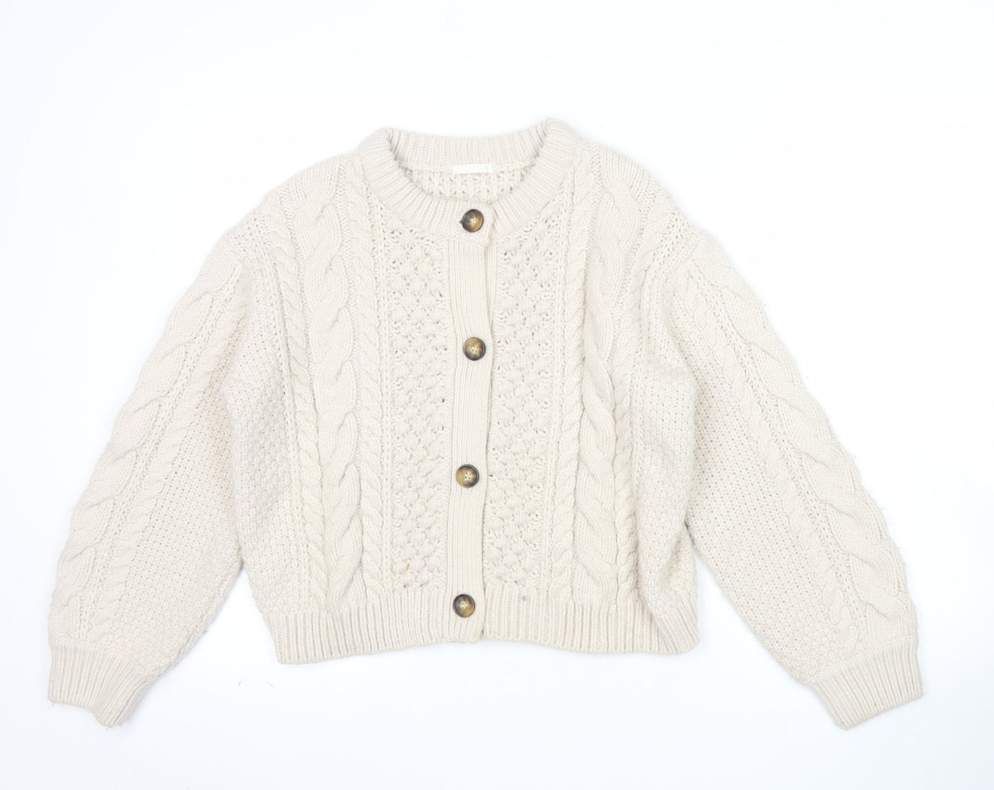 GU Womens Beige Cable Knit Button Cardigan M Chunky Knit Jumper
