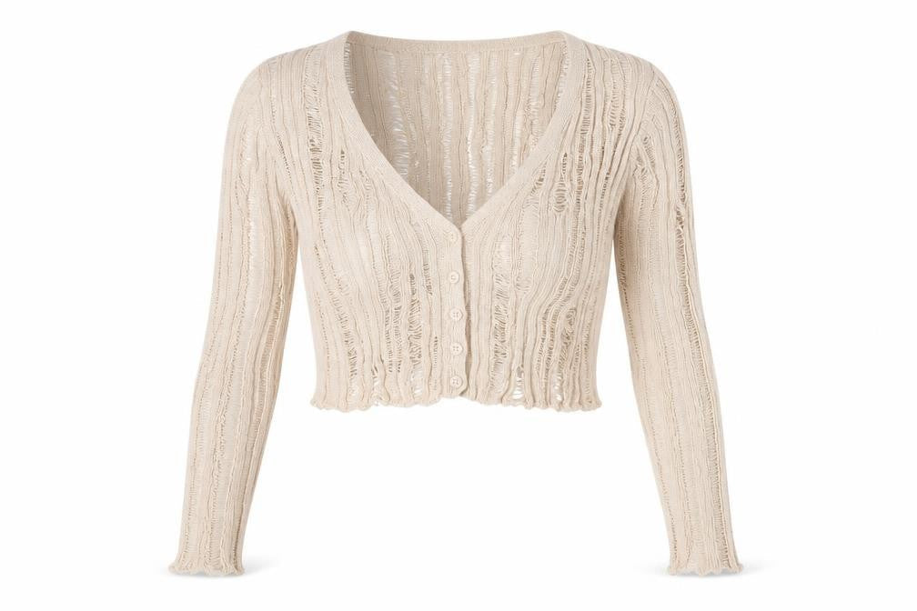 Stradivarius Women’s Beige Open-Knit Cardigan M V-Neck Button Front