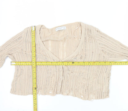 Stradivarius Women’s Beige Open-Knit Cardigan M V-Neck Button Front
