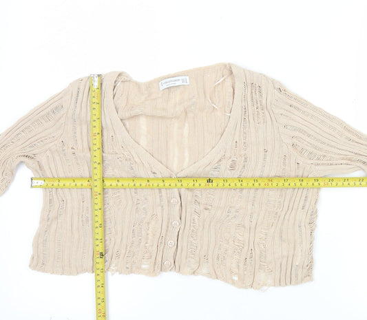 Stradivarius Women’s Beige Open-Knit Cardigan M V-Neck Button Front