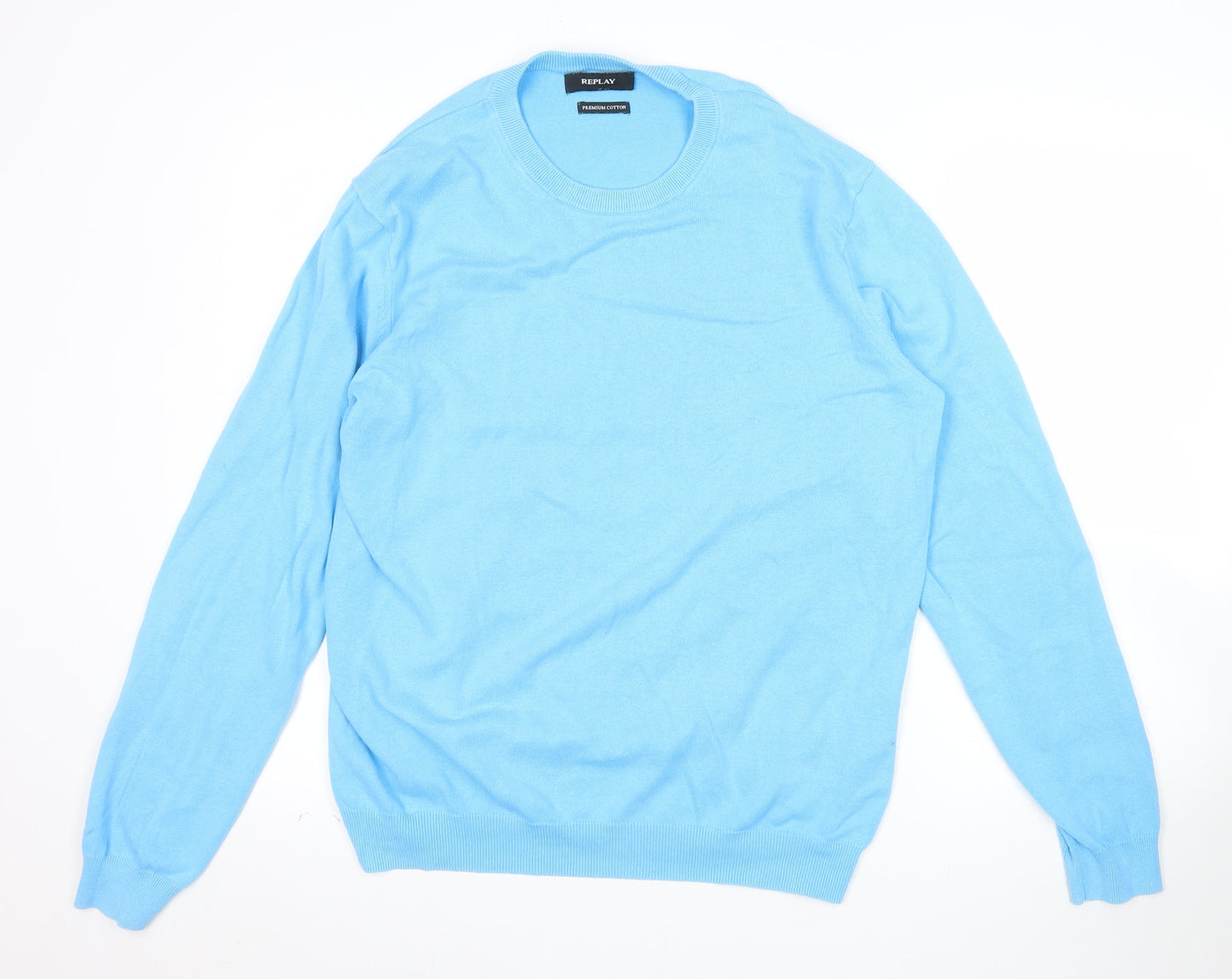 Replay Mens Blue Cotton Crew Neck Jumper Size L