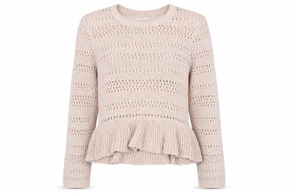 H&M Women Pink Open-Knit Cotton Jumper Size 12 Ruffle Hem Pullover