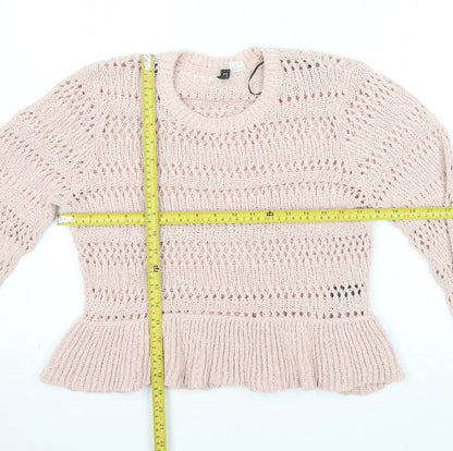 H&M Women Pink Open-Knit Cotton Jumper Size 12 Ruffle Hem Pullover