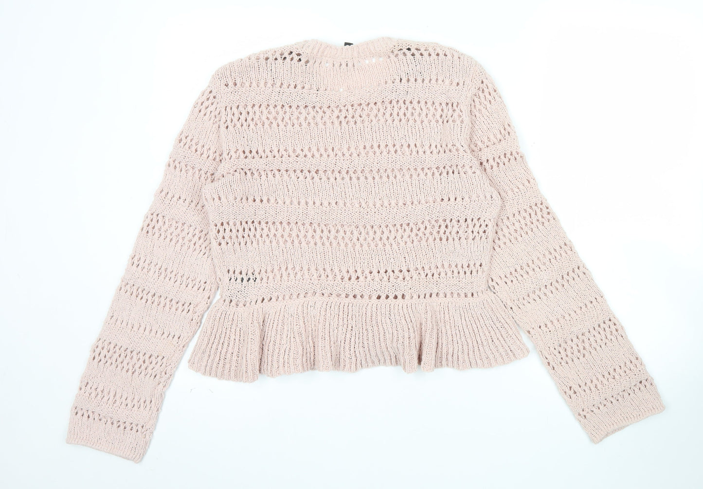 H&M Women Pink Open-Knit Cotton Jumper Size 12 Ruffle Hem Pullover