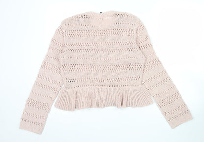 H&M Women Pink Open-Knit Cotton Jumper Size 12 Ruffle Hem Pullover
