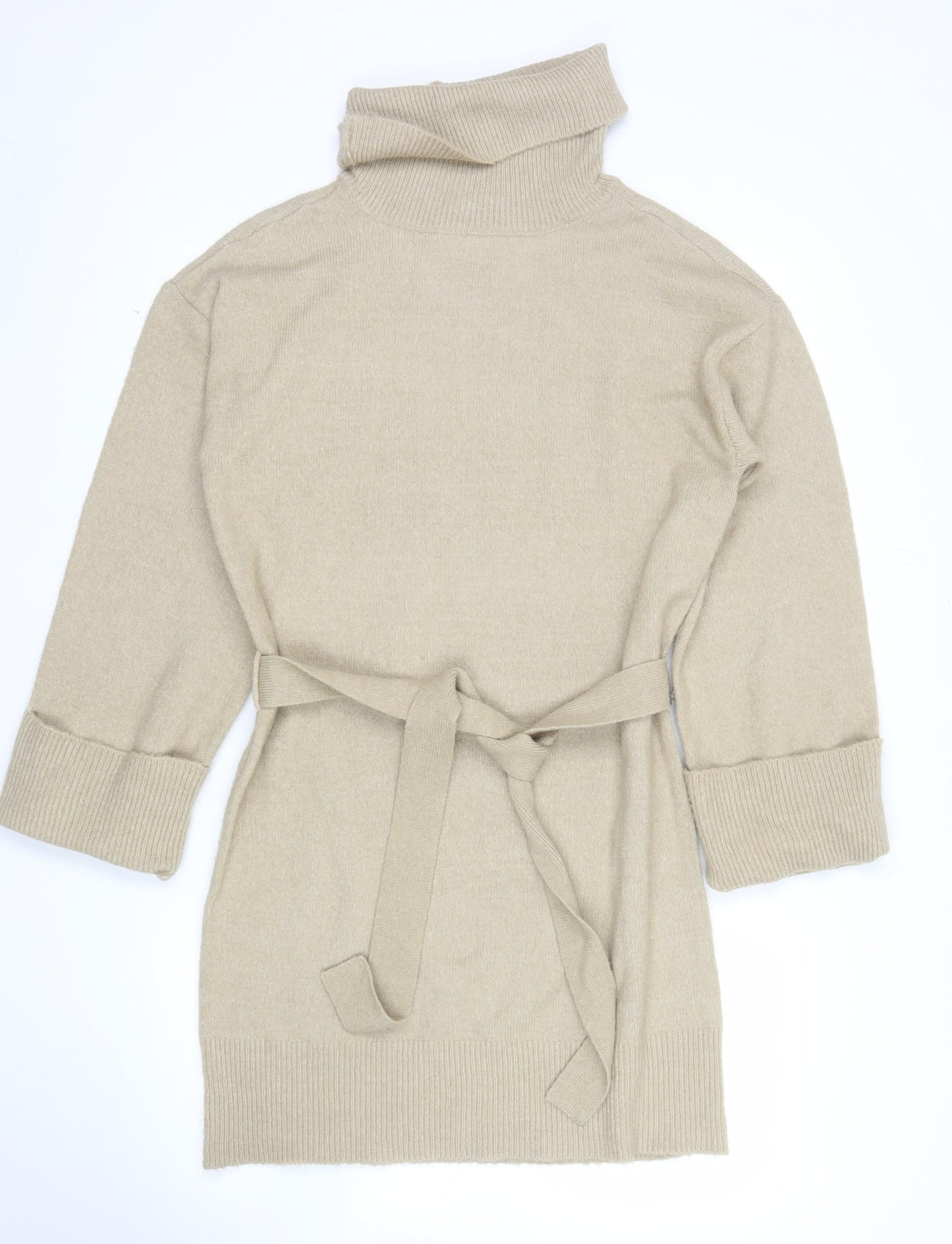 Vila Women Beige Roll Neck Belted Cardigan Size 8