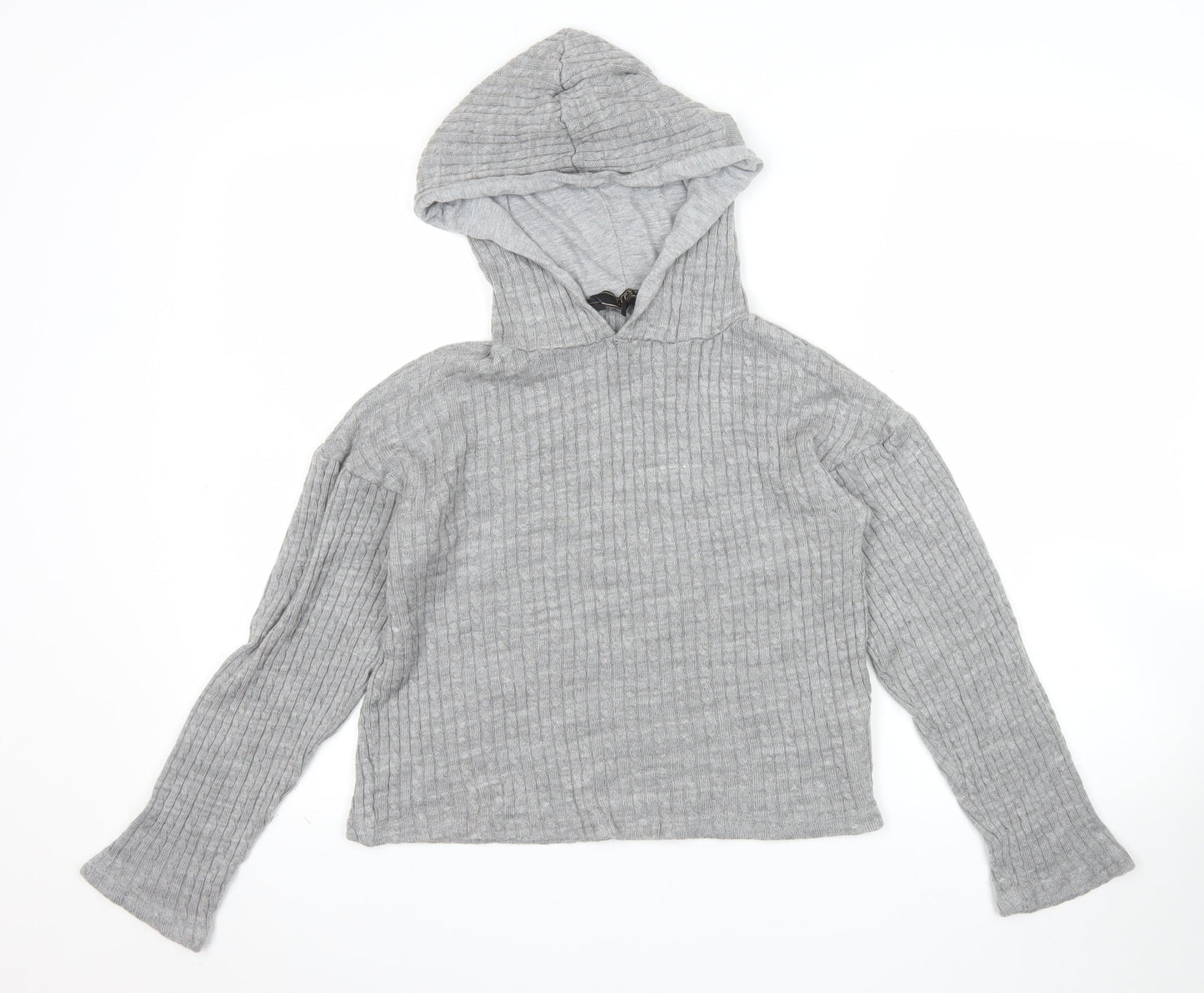 Lipsy Women’s Grey Ribbed Hooded Pullover Jumper Size S