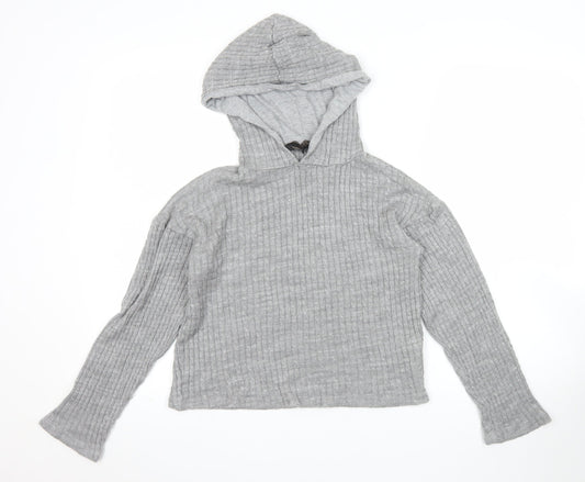 Lipsy Women’s Grey Ribbed Hooded Pullover Jumper Size S