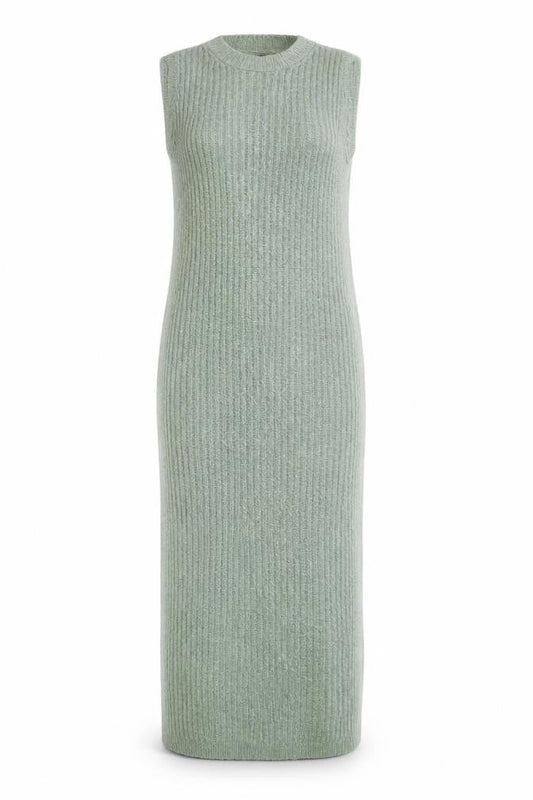 Front view of ASOS DESIGN Women’s Green Sleeveless Ribbed Knit Bodycon Midi Dress, size UK 12-14