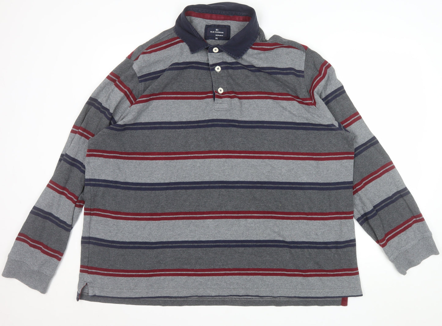 Marks and Spencer Blue Harbour Men's Grey Striped Long Sleeve Polo Shirt XXL Regular Fit Cotton