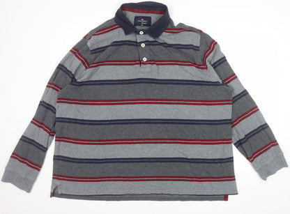 Marks and Spencer Blue Harbour Men's Grey Striped Long Sleeve Polo Shirt XXL Regular Fit Cotton