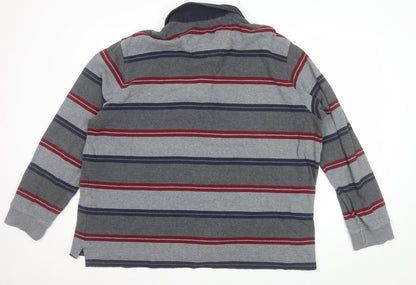 Marks and Spencer Blue Harbour Men's Grey Striped Long Sleeve Polo Shirt XXL Regular Fit Cotton