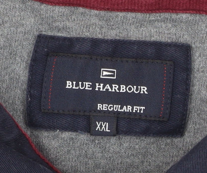 Marks and Spencer Blue Harbour Men's Grey Striped Long Sleeve Polo Shirt XXL Regular Fit Cotton